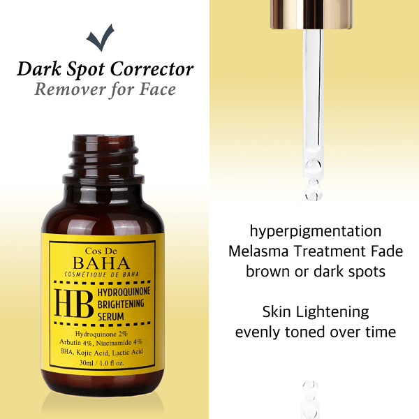 Cos De BAHA Hydroquinone Brightening Serum (HB) – 30ml Cos De BAHA Hydroquinone Brightening Serum HB 30ml is a Korean brightening serum specially formulated to reduce dark spots, hyperpigmentation, melasma, freckles, and uneven skin tone. The lightweight formula helps brighten dull skin while keeping it hydrated and smooth. Key Benefits Helps fade dark spots and acne marks Reduces hyperpigmentation and melasma Brightens uneven skin tone Hydrates and smooths skin texture Lightweight and fast-absorbing formula Skin Type Suitable for all skin types. How to Use Apply after cleansing and before moisturizer. Use a few drops on face and neck morning and night. Always use sunscreen during daytime.