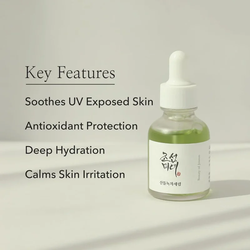 Beauty of Joseon Calming Serum: Green Tea + Panthenol – 30ml Beauty of Joseon Calming Serum Green Tea + Panthenol 30ml is a lightweight Korean serum that helps calm sensitive skin, reduce redness, control excess oil, and provide deep hydration. Enriched with 50% Green Tea Extract and Panthenol (Vitamin B5), it strengthens the skin barrier and keeps skin soft, fresh, and healthy without feeling sticky. Key Benefits Soothes irritated and sensitive skin Hydrates and moisturizes deeply Controls excess sebum and oil Strengthens skin barrier Lightweight and fast-absorbing texture Suitable For Sensitive skin Oily skin Acne-prone skin Combination skin