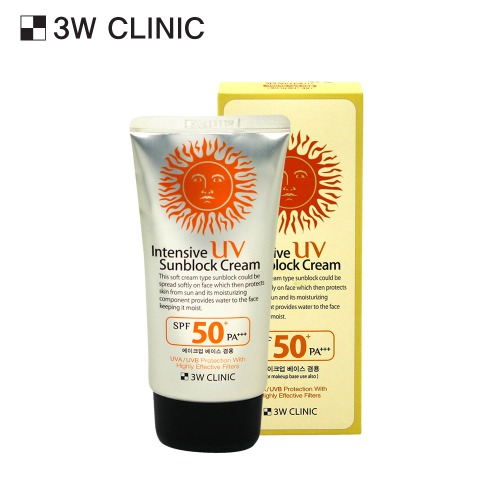 3W Clinic Intensive UV Sunblock Cream SPF50+ PA+++ is a lightweight Korean sunscreen designed to provide strong UV protection while keeping the skin moisturized and comfortable throughout the day. It helps protect the skin from harmful UVA and UVB rays, prevents sun damage, and maintains healthy-looking skin. 1. High Sun Protection Provides powerful SPF50+ PA+++ protection. Shields the skin from harmful UVA rays that cause premature aging. Protects against UVB rays responsible for sunburn and skin damage. Helps reduce tanning, sunspots, and pigmentation caused by sun exposure. 2. Moisturizing Formula Keeps the skin hydrated and soft for long hours. Prevents dryness and rough texture caused by sun exposure. Ideal for people with dry or dehydrated skin. 3. Anti-Aging Support Contains skin-conditioning ingredients that help reduce signs of early aging. Helps minimize the appearance of fine lines and dullness. Supports smoother and healthier-looking skin. 4. Smooth & Lightweight Finish Spreads easily on the skin without feeling heavy or greasy. Gives a smooth and soft finish suitable for daily use. Comfortable under makeup and suitable for outdoor activities. Brand:3W Clinic Skin Type: All Type Skin Size: 70ml  Made In Korea